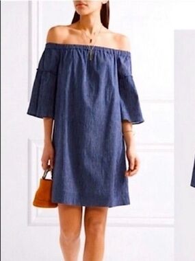 Madewell Off-the-Shoulder Bell Sleeve Dress in Navy Blue Pinstripe EUC Size 6